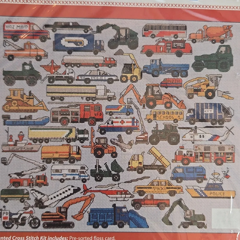 NWT Counted Cross Stitch Kit Trucks Cars Boats Space Shuttle Helicopters